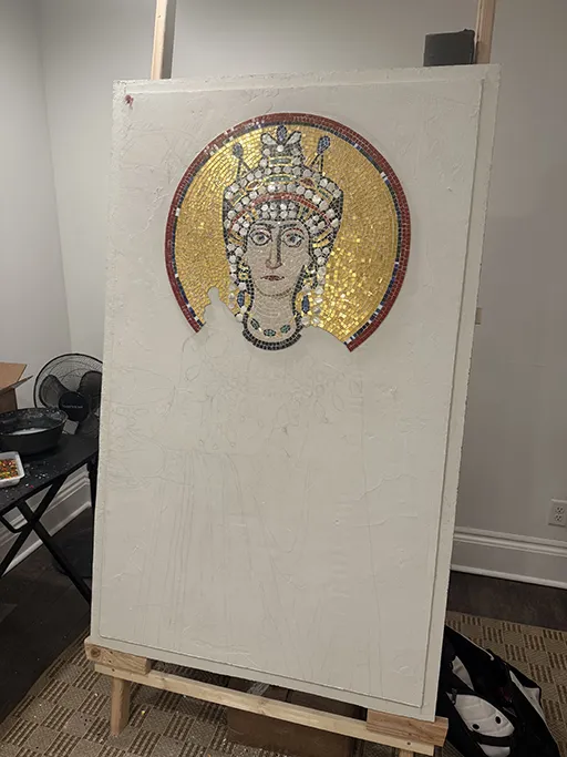 Upper portion of the mosaic with crown and halo.